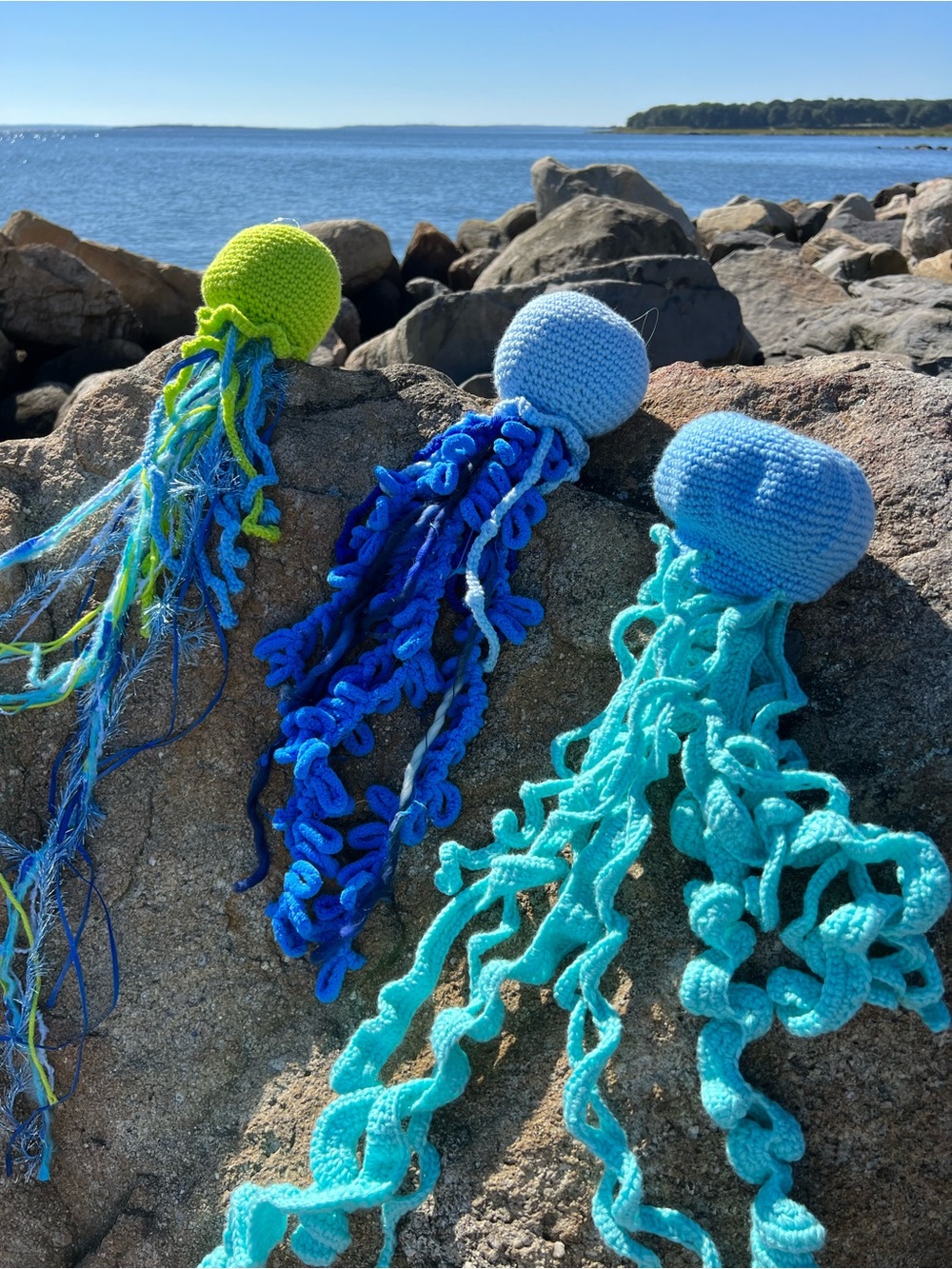 Handmade Crochet Jellyfish Trio - Blue, Aqua & Neon Green